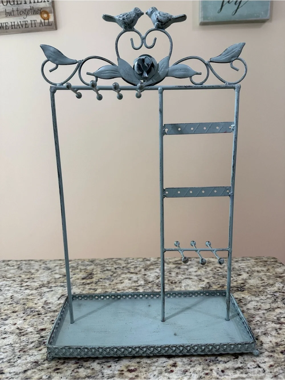 Jewelry Organizer Stand Distressed Blue Metal Necklace Holder Earring Display